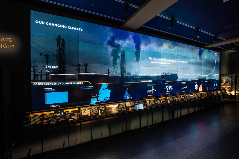 The new interactive climate change wall in the Hall of Planet Earth at the American Museum of Natural History.